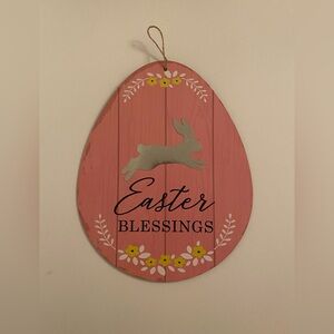 NWT Large Wooden Easter Egg Metal Leaping Bunny Door Wall Hanging Pink Twine